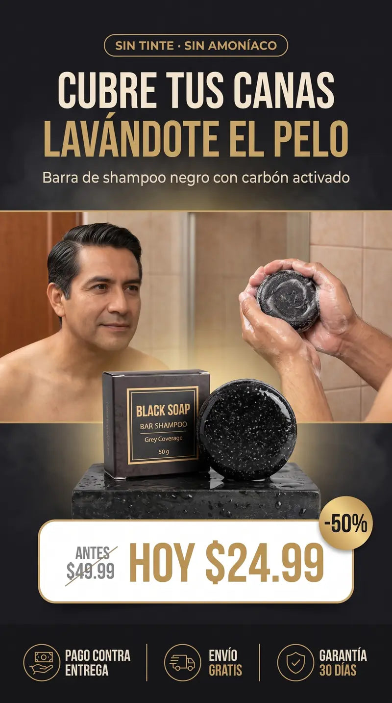 Barra de shampoo negro anti canas con carbon activado, 50 g: cubre las canas sin tinte ni amoniaco. Hoy $24.99 en vez de $49.99, envio gratis y pago contra entrega en Ecuador