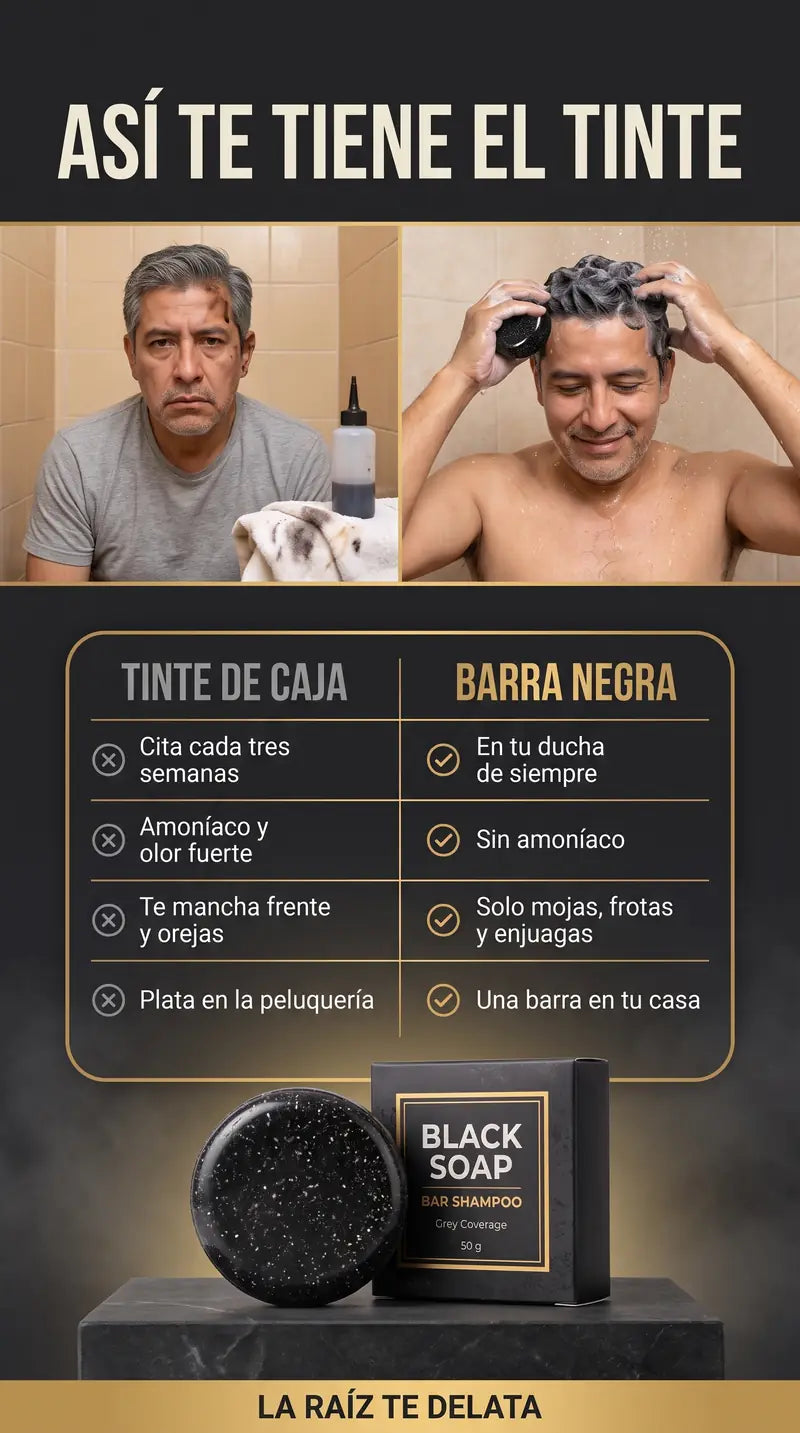 Comparacion: el tinte de caja obliga a cita cada tres semanas, huele a amoniaco y mancha la frente; la barra negra se usa en la ducha de siempre y no mancha