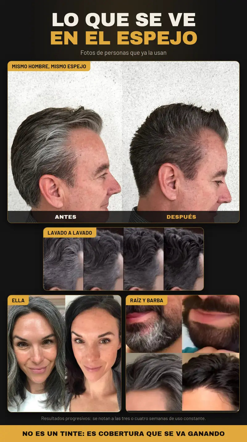 Fotos reales de personas que ya usan la barra: antes con canas y despues con el pelo, la barba y la raiz mas oscuros, resultado progresivo