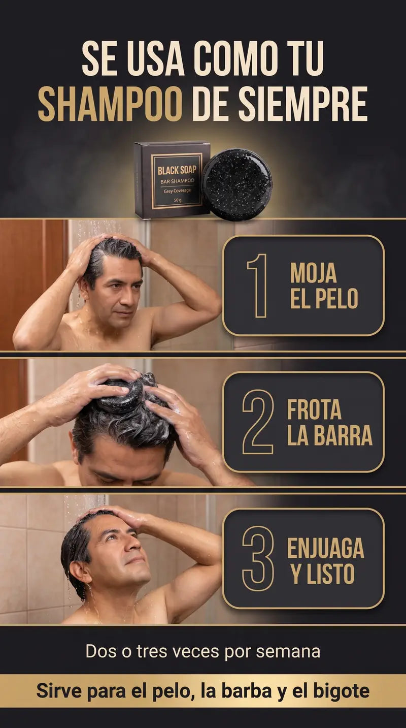Modo de uso en tres pasos: moja el pelo, frota la barra hasta hacer espuma y enjuaga. Dos o tres veces por semana