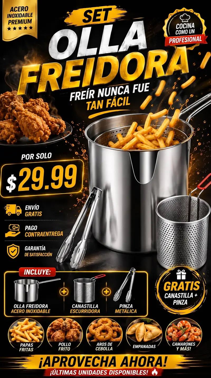 Set Olla Freidora de acero inoxidable por solo $29.99 con envío gratis y pago contraentrega