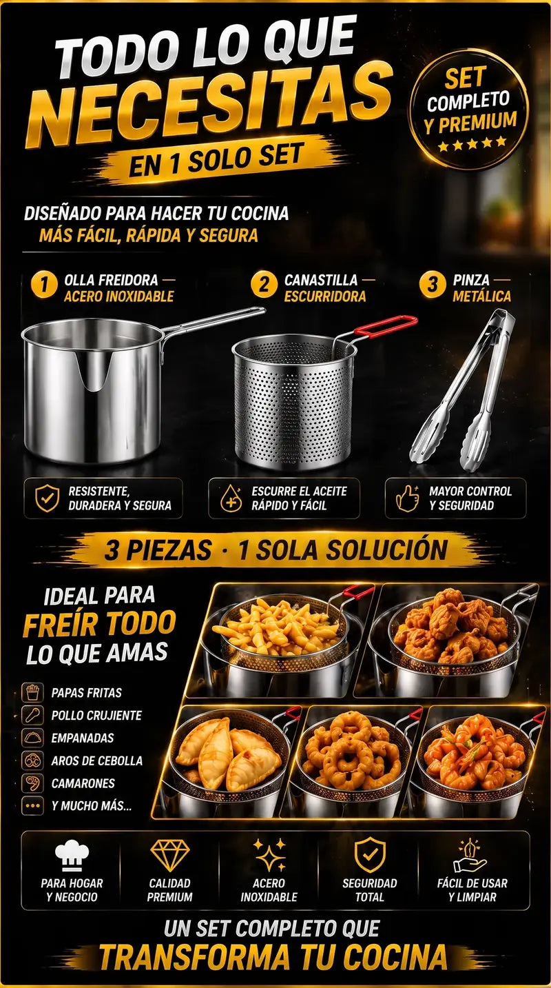 Todo lo que necesitas en un solo set: olla freidora, canastilla escurridora y pinza metálica