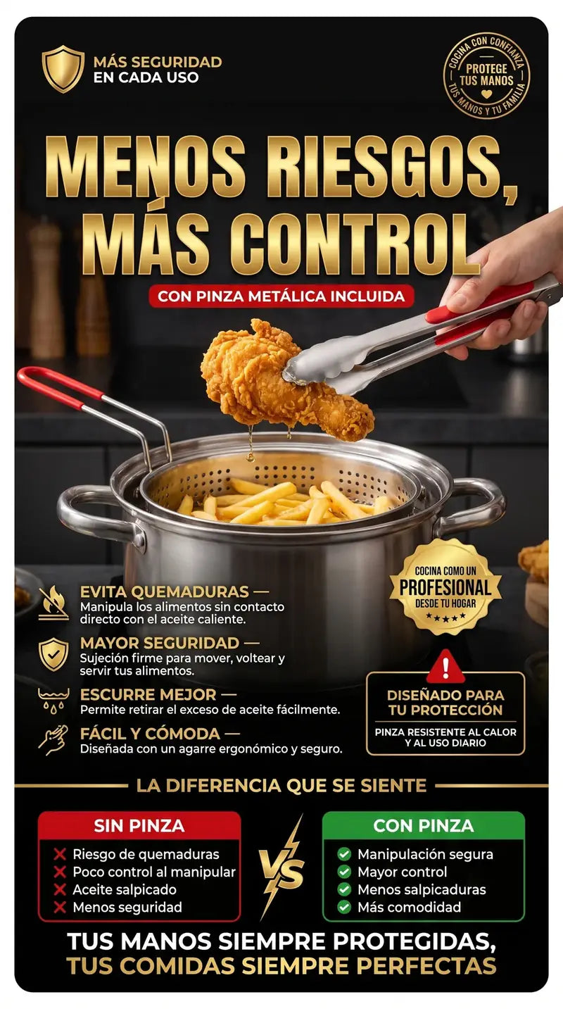La pinza metálica incluida evita quemaduras y te da mayor control al freír