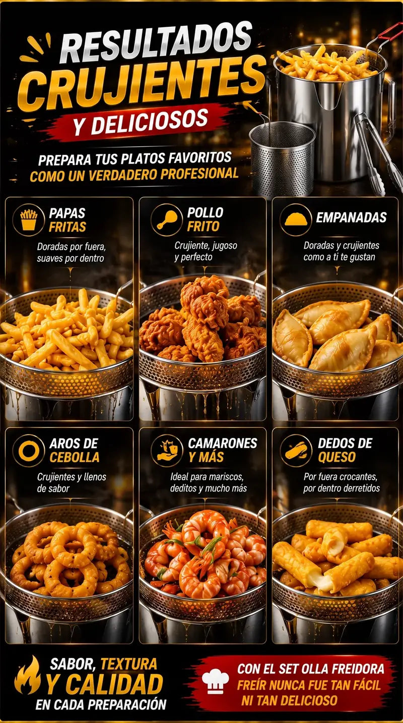 Papas fritas, pollo, empanadas, aros de cebolla, camarones y dedos de queso siempre crujientes