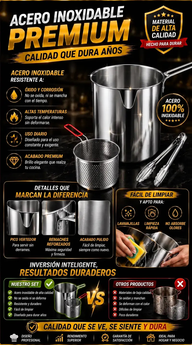 Acero inoxidable premium: no se oxida, soporta el calor intenso y es fácil de limpiar