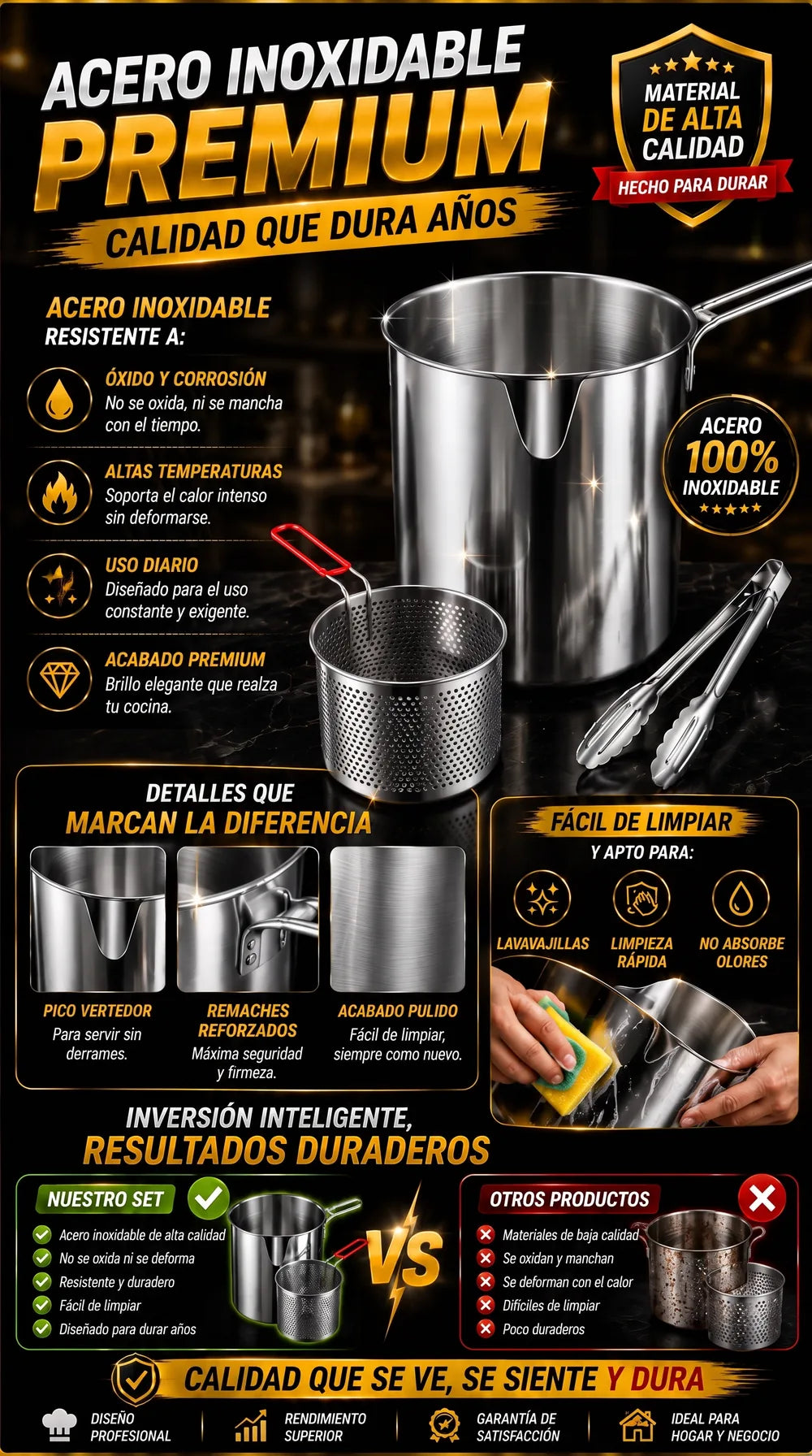Acero inoxidable premium: no se oxida, soporta el calor intenso y es fácil de limpiar
