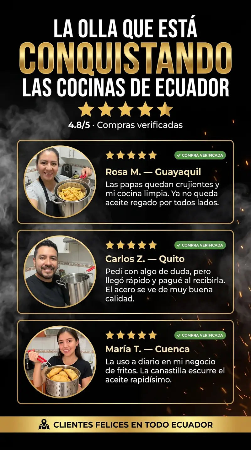 Clientes verificados en Guayaquil, Quito y Cuenca recomiendan el set olla freidora con 4.8 de 5 estrellas