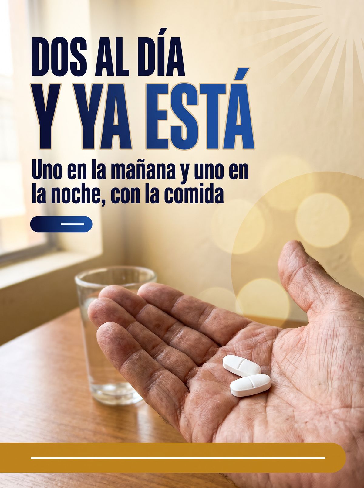 Dos comprimidos al dia, uno en la manana y uno en la noche con la comida