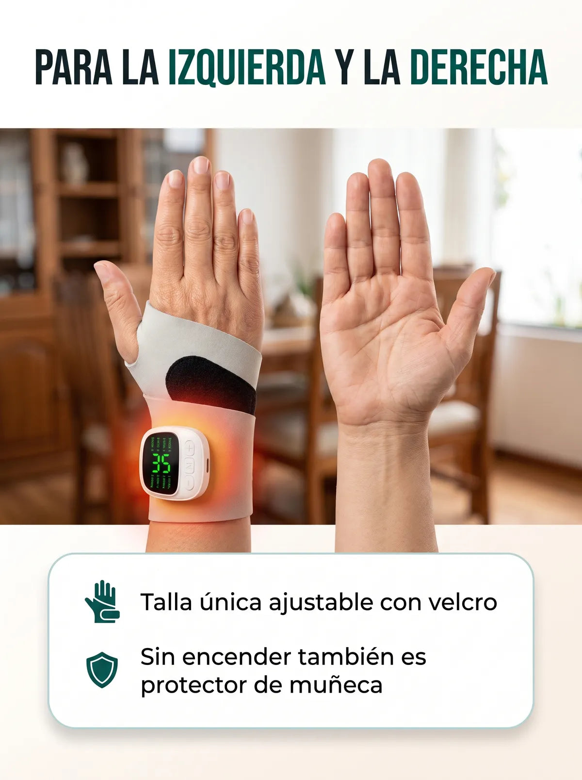 Muñequera Masajeadora con Calor · Alivio para túnel carpiano y tendinitis