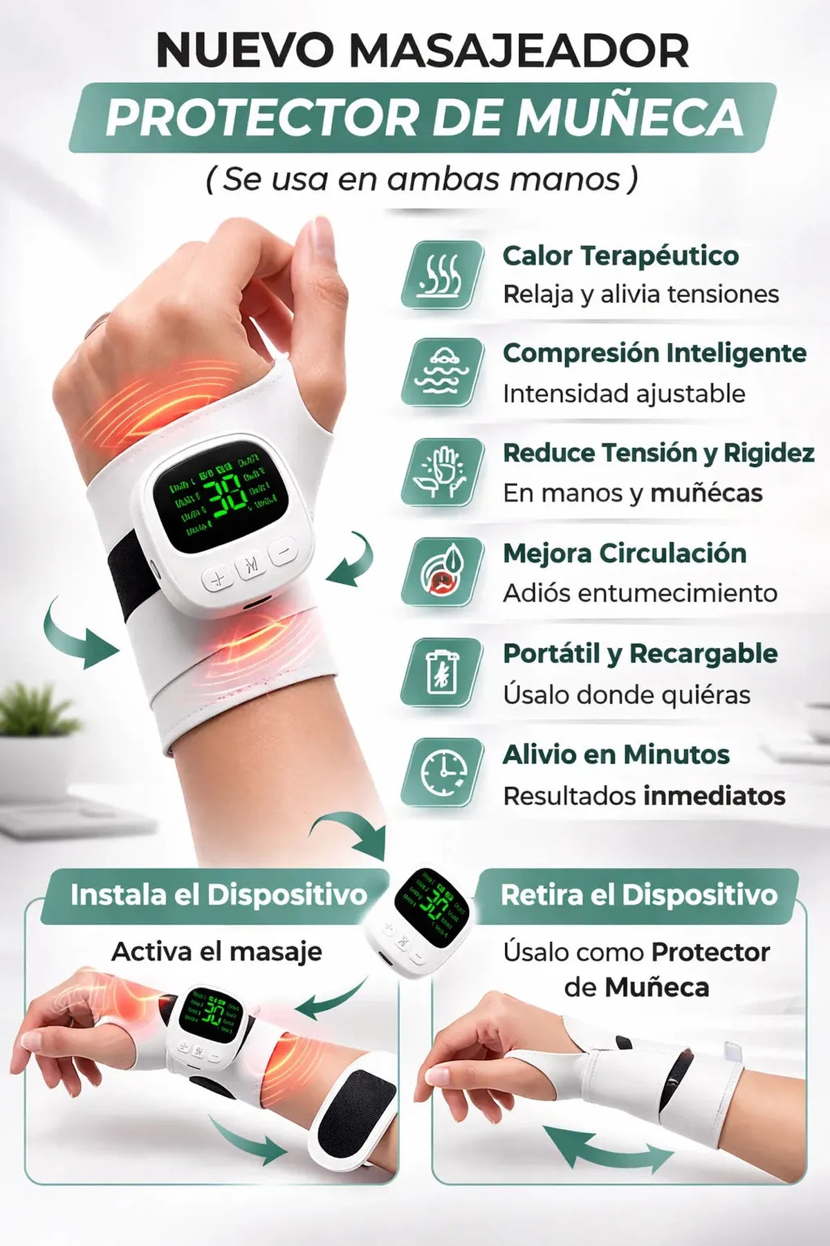 Muñequera Masajeadora con Calor · Alivio para túnel carpiano y tendinitis