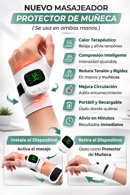 Muñequera Masajeadora con Calor · Alivio para túnel carpiano y tendinitis