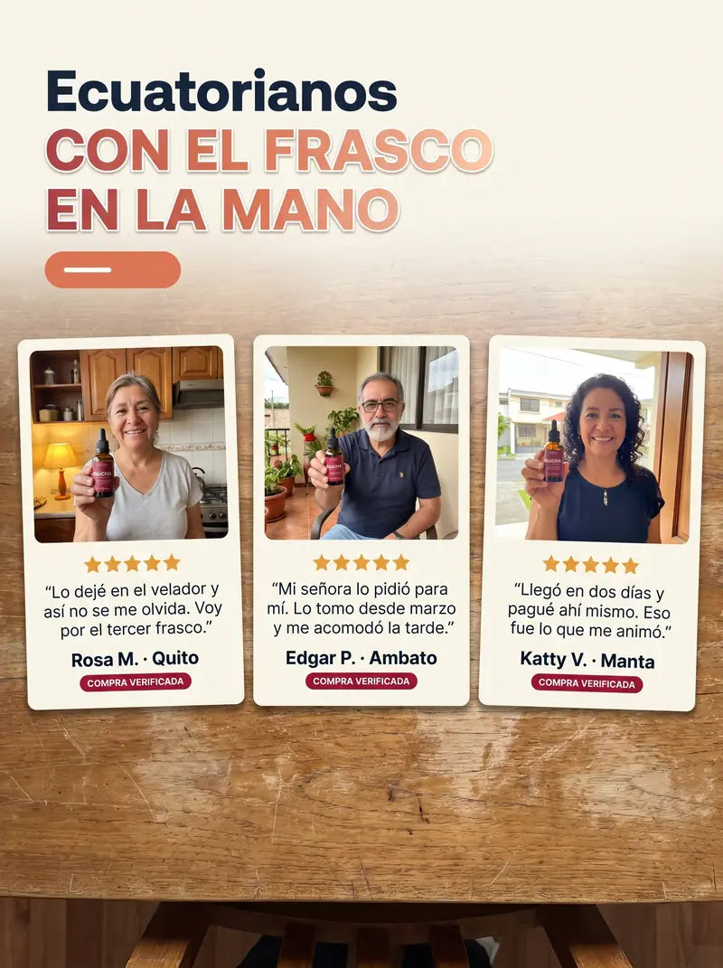 Ecuatorianos con el frasco en la mano: Rosa M. de Quito, Edgar P. de Ambato y Katty V. de Manta