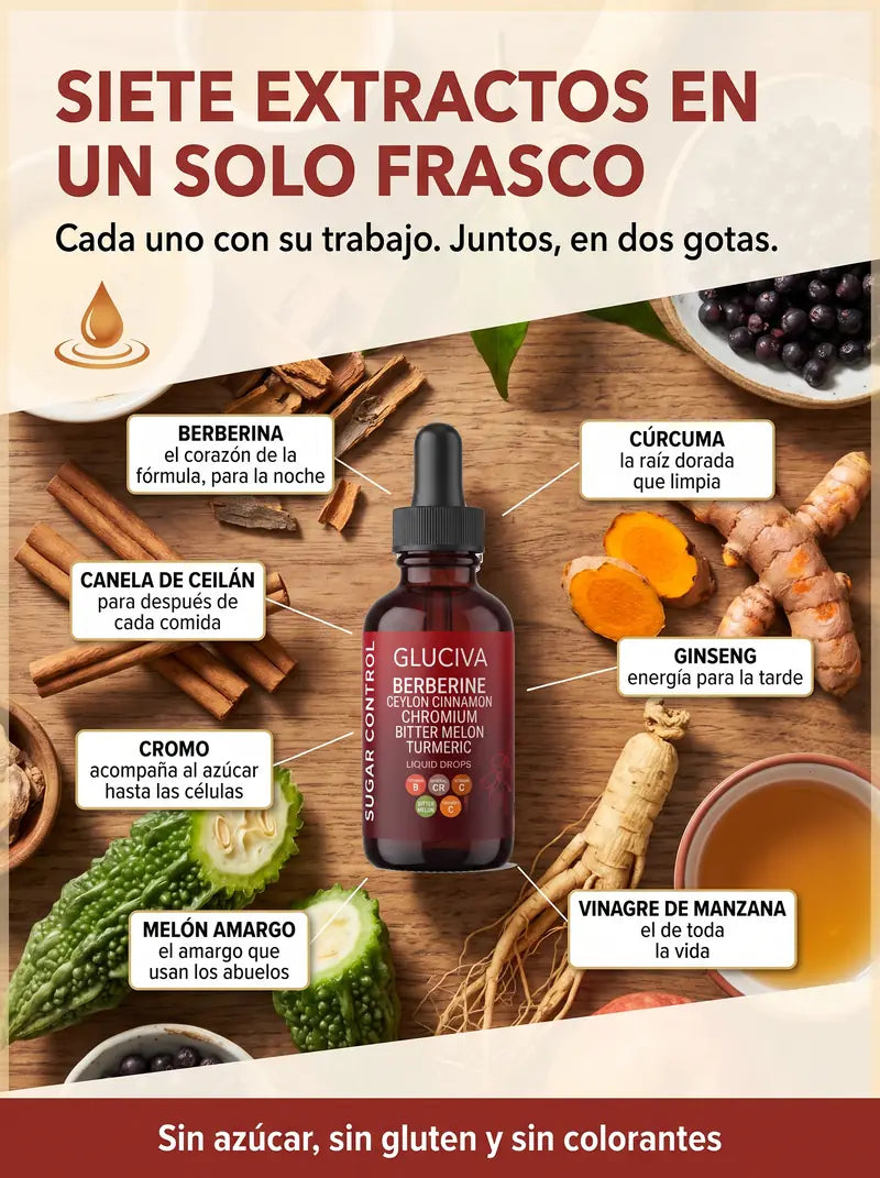 Siete extractos en un solo frasco: berberina, canela de Ceilan, cromo, melon amargo, curcuma, ginseng y vinagre de manzana