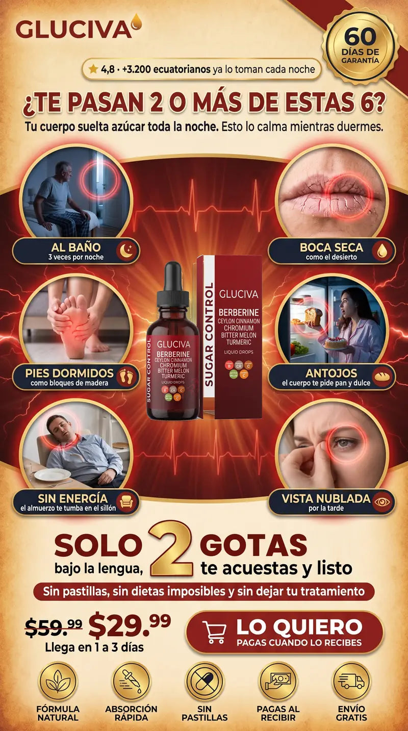 Te pasan 2 o mas de estas 6 senales: al bano 3 veces por noche, boca seca, pies dormidos, antojos, sin energia, vista nublada. Solo 2 gotas bajo la lengua antes de dormir, 29.99 dolares, pagas al recibir