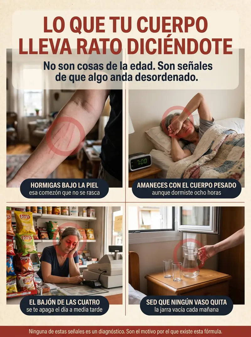 Lo que tu cuerpo lleva rato diciendote: hormigas bajo la piel, amaneces con el cuerpo pesado, el bajon de las cuatro, sed que ningun vaso quita