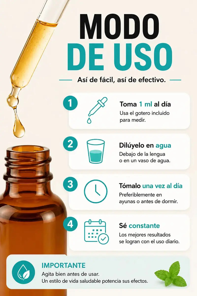 Modo de uso: 1 ml al día diluido en agua, una vez al día, sé constante