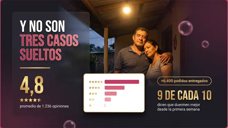 Y no son tres casos sueltos: 4,8 de promedio en 1.236 opiniones, mas de 6.400 pedidos y 9 de cada 10 duermen mejor desde la primera semana
