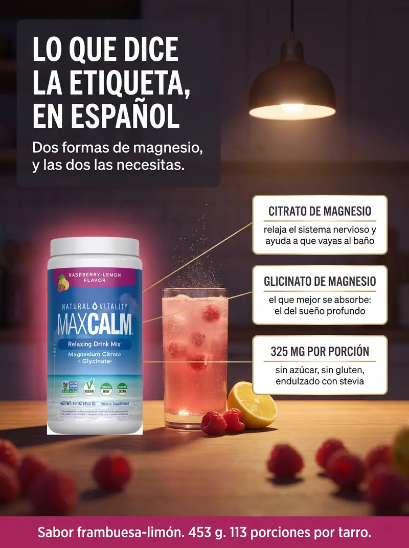 Lo que dice la etiqueta, en espanol: citrato de magnesio, glicinato de magnesio, 325 mg por porcion sin azucar