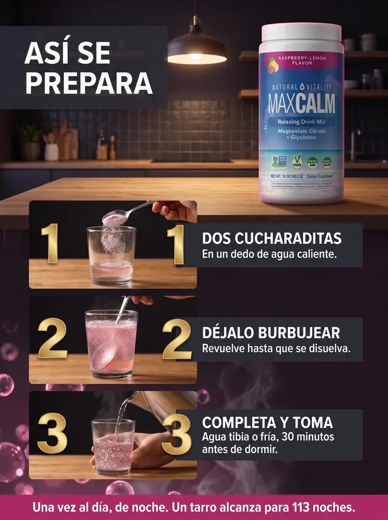 Asi se prepara: dos cucharaditas, dejalo burbujear, completa y toma 30 minutos antes de dormir