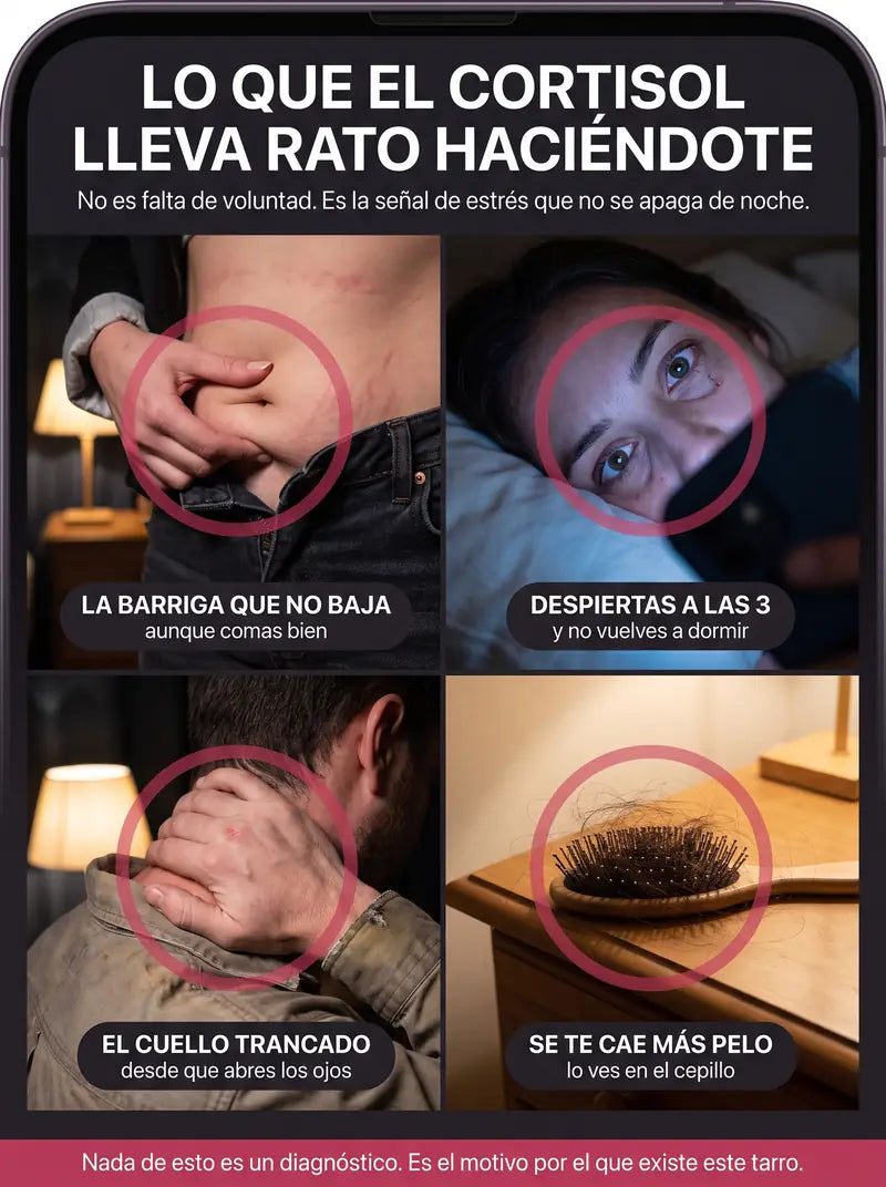 Lo que el cortisol lleva rato haciendote: la barriga que no baja, despiertas a las 3, el cuello trancado, se te cae mas pelo