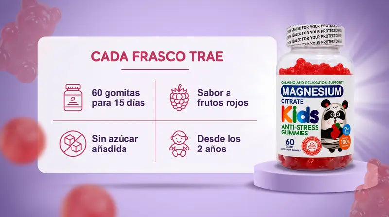 Cada frasco trae 60 gomitas para 15 dias, sabor a frutos rojos, sin azucar anadida, desde los 2 anos