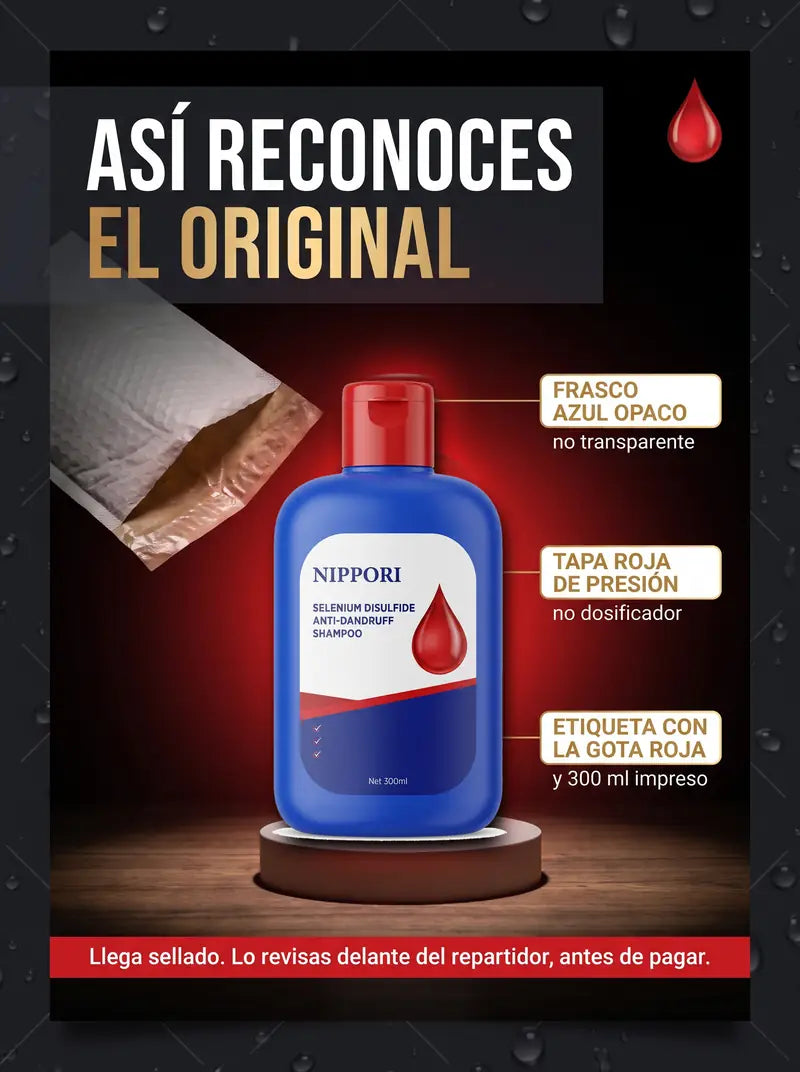 Asi reconoces el original: frasco azul opaco, tapa roja de presion, etiqueta con la gota roja y 300 ml impreso