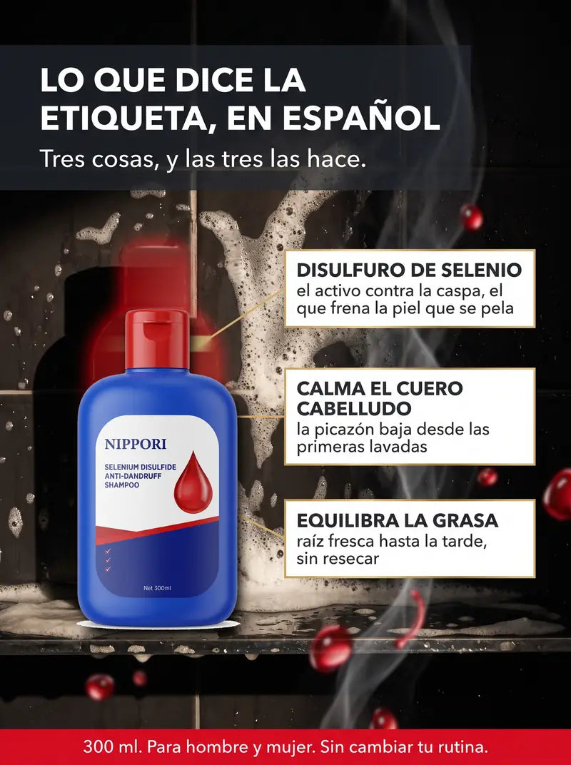 Lo que dice la etiqueta, en espanol: disulfuro de selenio contra la caspa, calma el cuero cabelludo, equilibra la grasa