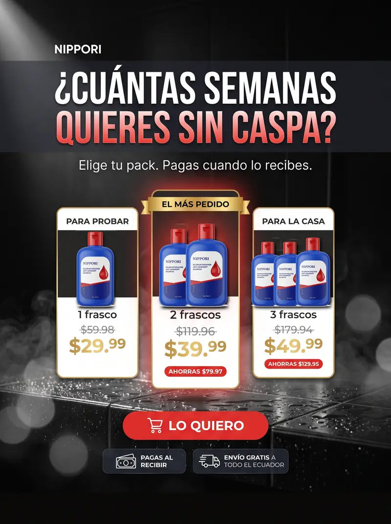 Cuantas semanas quieres sin caspa: 1 frasco 29.99, 2 frascos 39.99 y 3 frascos 49.99 dolares, pagas cuando lo recibes