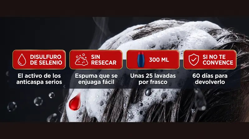 Disulfuro de selenio, sin resecar, 300 ml para unas 25 lavadas y 60 dias para devolverlo si no te convence