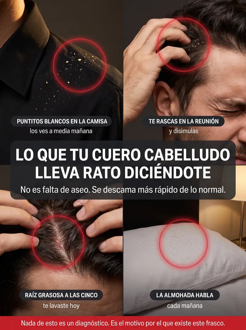 Lo que tu cuero cabelludo lleva rato diciendote: puntitos blancos en la camisa, te rascas en la reunion, raiz grasosa a las cinco, la almohada habla