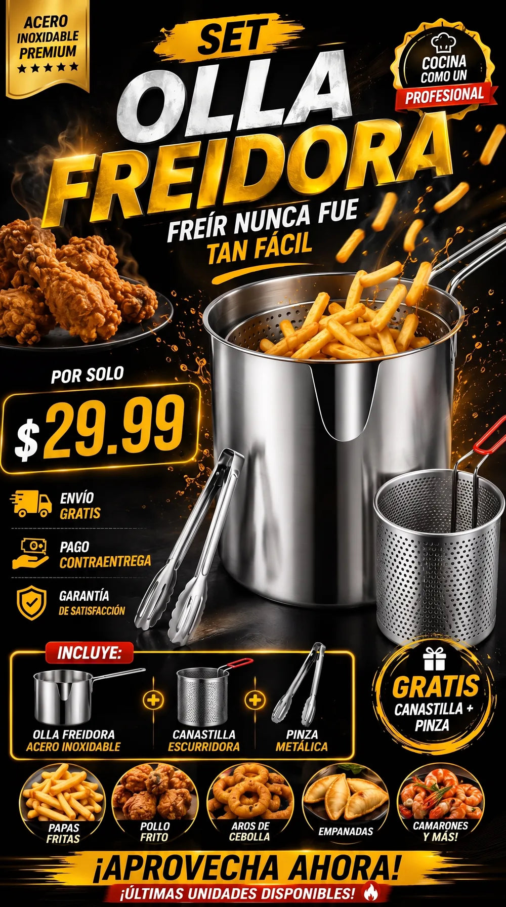 Set Olla Freidora de acero inoxidable por solo $29.99 con envío gratis y pago contraentrega