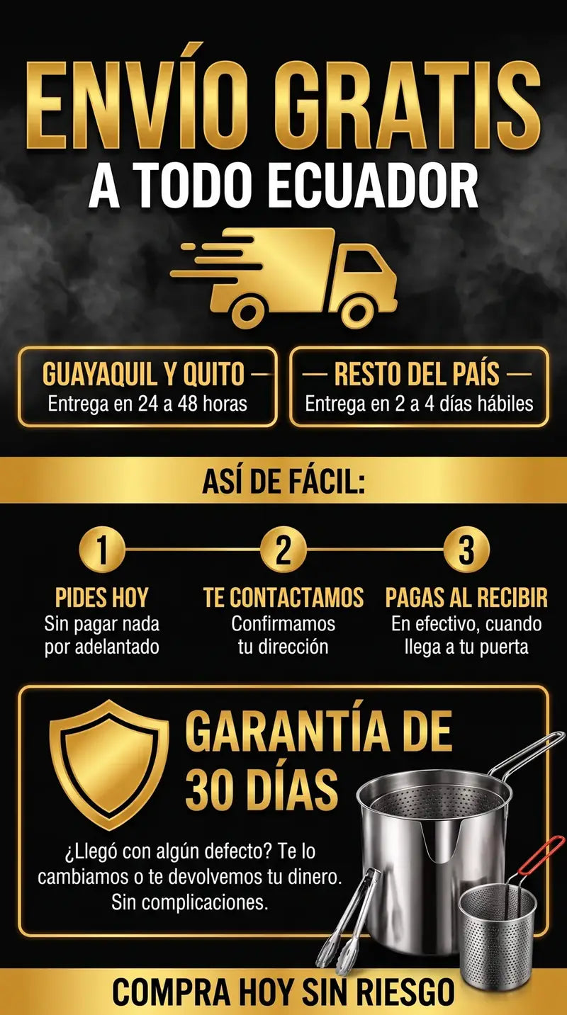 Envío gratis a todo Ecuador: Guayaquil y Quito en 24 a 48 horas, resto del país 2 a 4 días; pagas al recibir y tienes 30 días de garantía