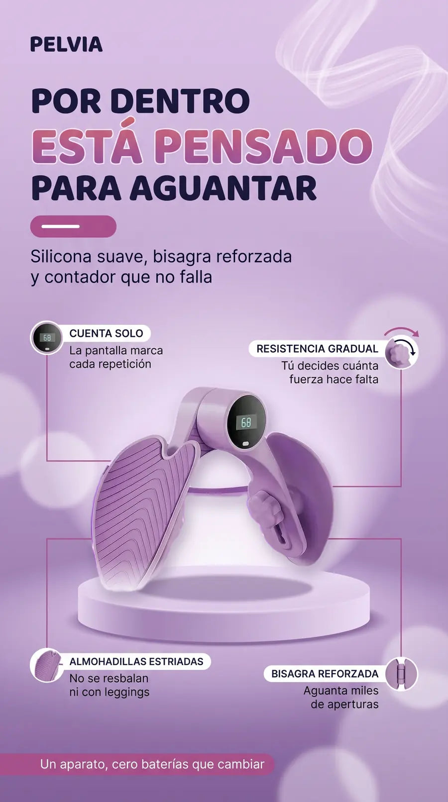 Por dentro: pantalla que cuenta, resistencia gradual, almohadillas estriadas