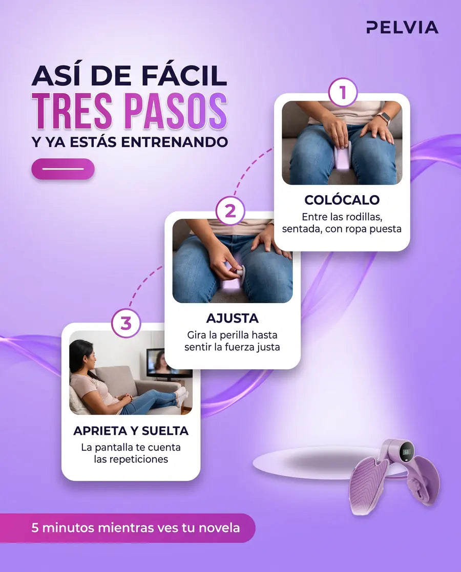Tres pasos: colocalo entre las rodillas, ajusta la perilla, aprieta y suelta