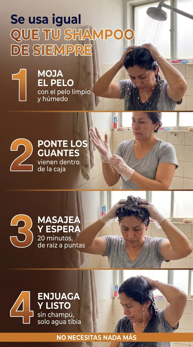 Se usa igual que tu shampoo: moja, guantes, masajea 20 minutos y enjuaga