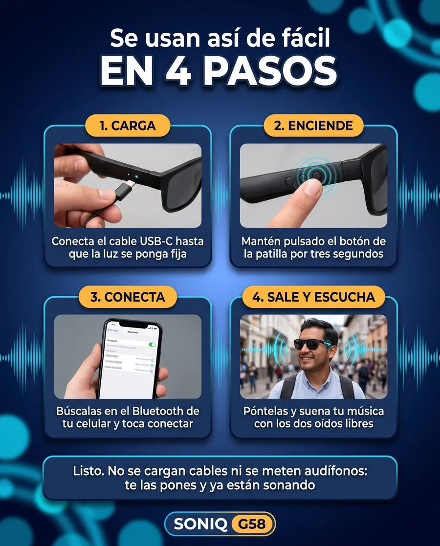 Se usan en 4 pasos: carga, enciende, conecta y escucha