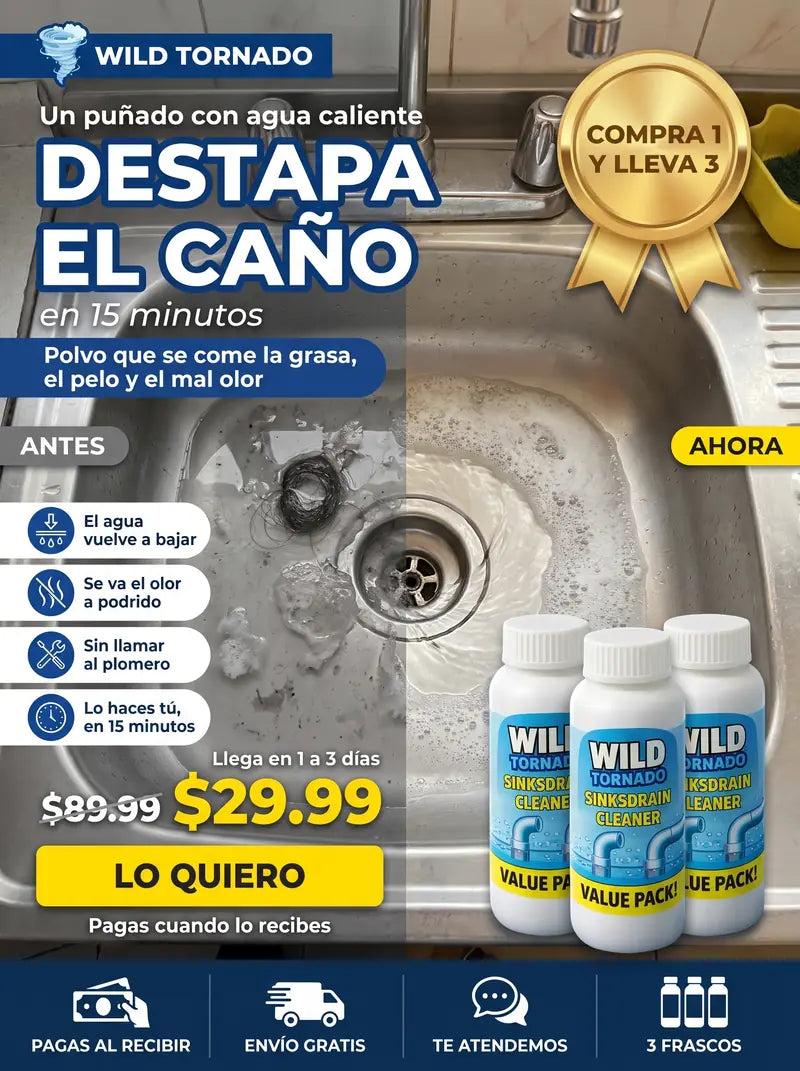 Un puñado con agua caliente destapa el caño en 15 minutos: 3 frascos por 29.99 dólares, pagas cuando lo recibes